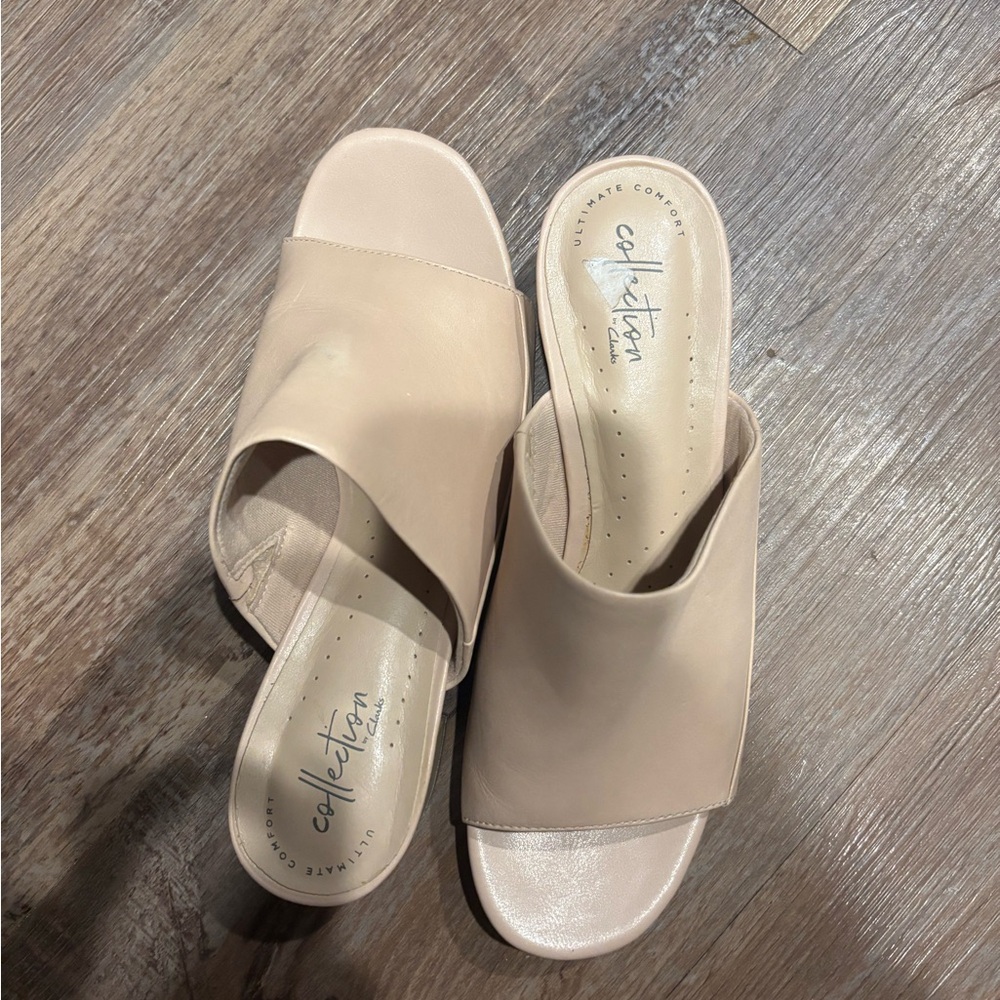 Clarks tan nude leather mules- size 8